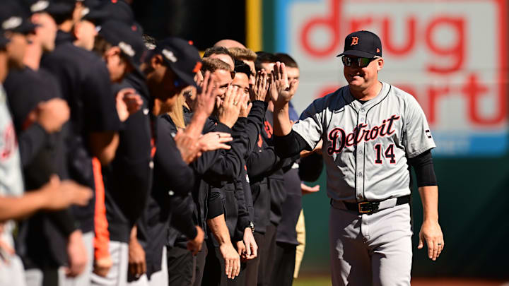 Oct 5, 2024; Cleveland, OH, USA; Detroit Tigers manager A.J. Hinch is introduced before playing against the Cleveland Guardians in game one of the ALDS for the 2024 MLB Playoffs at Progressive Field.