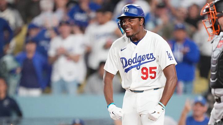 Sep 18, 2026; Los Angeles, California, USA; Los Angeles Dodgers designated hitter Josue de Paula (95) celebrates after scoring on a two run home run by Los Angeles Dodgers shortstop Mookie Betts (not pictured) during the eighth inning against the San Francisco Giants at Dodger Stadium. Mandatory Credit: Kirby Lee-Imagn Images Sep 18, 2026; Los Angeles, California, USA; Los Angeles Dodgers designated hitter Josue de Paula (95) celebrates after scoring on a two run home run by Los Angeles Dodgers shortstop Mookie Betts (not pictured) during the eighth inning against the San Francisco Giants at Dodger Stadium. Mandatory Credit: Kirby Lee-Imagn Images