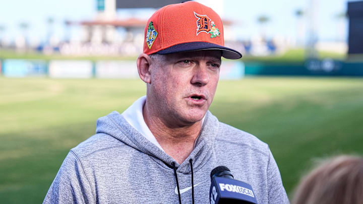 Detroit Tigers manager A.J. Hinch speaks to the press at spring training.
