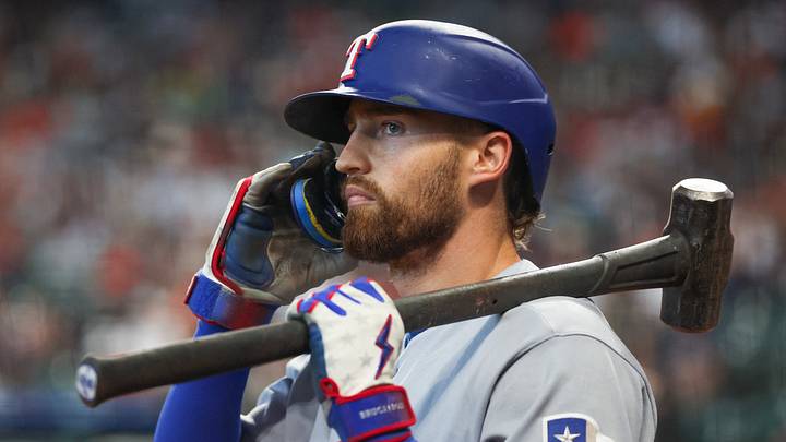 Aug 2, 2026; Houston, Texas, USA; Texas Rangers right fielder Brandon Nimmo (24) on deck before batting against the Houston Astros in the first inning at Daikin Park. Mandatory Credit: Thomas Shea-Imagn Images Aug 2, 2026; Houston, Texas, USA; Texas Rangers right fielder Brandon Nimmo (24) on deck before batting against the Houston Astros in the first inning at Daikin Park. Mandatory Credit: Thomas Shea-Imagn Images
