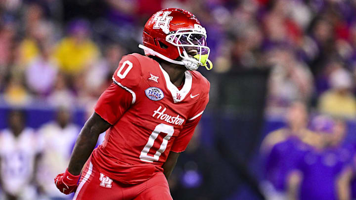 Dec 27, 2025; Houston, TX, USA; Houston Cougars wide receiver Amare Thomas (0) reacts during the first half against the Louisiana State Tigers at NRG Stadium. Mandatory Credit: Maria Lysaker-Imagn Images 