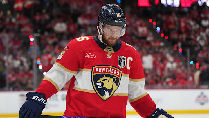 Panthers forward Aleksander Barkov skates between plays during the third period against the Oilers in Game 4 of the 2025 Stanley Cup Final at Amerant Bank Arena.