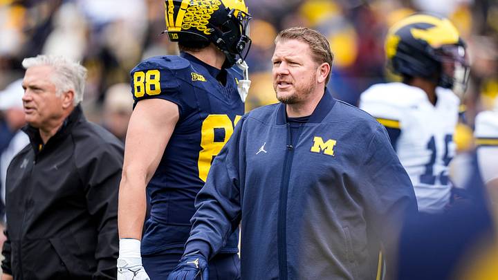 Michigan offensive coordinator Jason Beck looks on before the spring game at Michigan Stadium in Ann Arbor on Saturday, April 18, 2026.