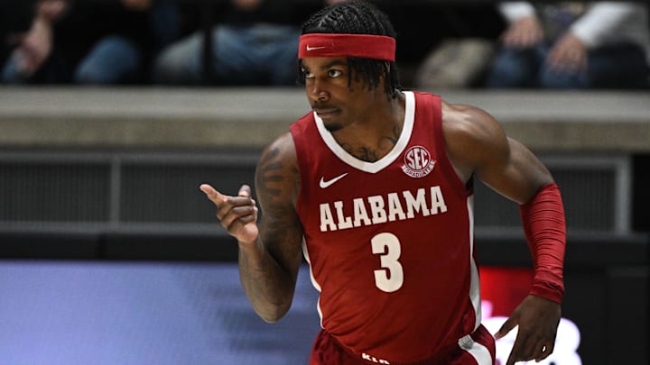 Nov 15, 2024; West Lafayette, Indiana, USA; Alabama Crimson Tide guard Latrell Wrightsell Jr. (3) celebrates after making a basket during the second half against the Purdue Boilermakers at Mackey Arena. Mandatory Credit: Marc Lebryk-Imagn Images Nov 15, 2024; West Lafayette, Indiana, USA; Alabama Crimson Tide guard Latrell Wrightsell Jr. (3) celebrates after making a basket during the second half against the Purdue Boilermakers at Mackey Arena. Mandatory Credit: Marc Lebryk-Imagn Images