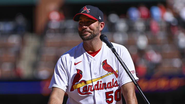 Oct 1, 2023; St. Louis, Missouri, USA; St. Louis Cardinals starting pitcher Adam Wainwright talks to fans during his retirement ceremony. Oct 1, 2023; St. Louis, Missouri, USA; St. Louis Cardinals starting pitcher Adam Wainwright talks to fans during his retirement ceremony.