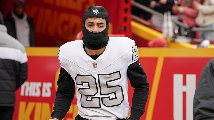 Dec 25, 2023; Kansas City, Missouri, USA; Las Vegas Raiders safety Tre'von Moehrig (25) runs onto Dec 25, 2023; Kansas City, Missouri, USA; Las Vegas Raiders safety Tre'von Moehrig (25) runs onto