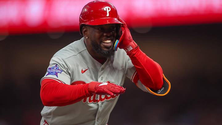 Apr 25, 2026; Atlanta, Georgia, USA; Philadelphia Phillies right fielder Adolis Garcia (53) reacts after an RBI triple against the Atlanta Braves in the first inning at Truist Park. Apr 25, 2026; Atlanta, Georgia, USA; Philadelphia Phillies right fielder Adolis Garcia (53) reacts after an RBI triple against the Atlanta Braves in the first inning at Truist Park.