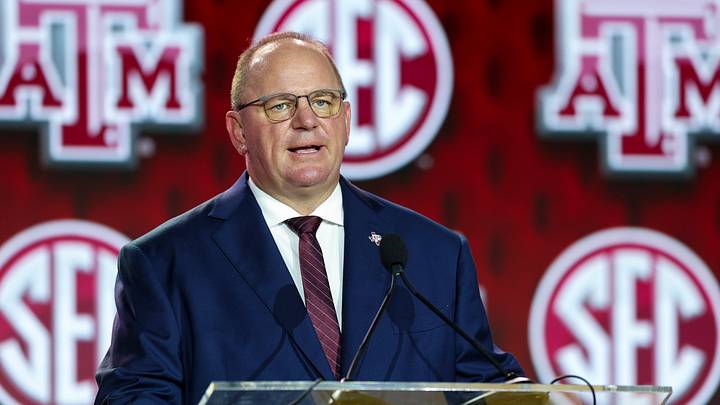 Texas A&M Aggies head coach Mike Elko speaks to the press during SEC Football Kickoff Media Day at the Tampa Marriott. 