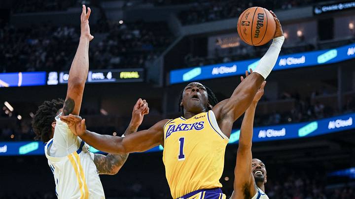 Oct 6, 2026; San Francisco, California, USA; Los Angeles Lakers guard Adou Thiero (1) attempts to dunk the ball against the Golden State Warriors during the second quarter at Chase Center. Mandatory Credit: Ed Szczepanski-Imagn Images Oct 6, 2026; San Francisco, California, USA; Los Angeles Lakers guard Adou Thiero (1) attempts to dunk the ball against the Golden State Warriors during the second quarter at Chase Center. Mandatory Credit: Ed Szczepanski-Imagn Images