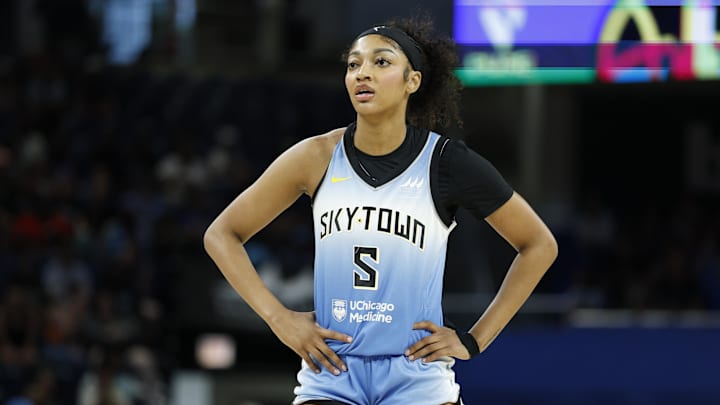 Jun 24, 2025; Chicago, Illinois, USA; Chicago Sky forward Angel Reese (5) looks on during the first half at Wintrust Arena. Mandatory Credit: Kamil Krzaczynski-Imagn Images Jun 24, 2025; Chicago, Illinois, USA; Chicago Sky forward Angel Reese (5) looks on during the first half at Wintrust Arena. Mandatory Credit: Kamil Krzaczynski-Imagn Images