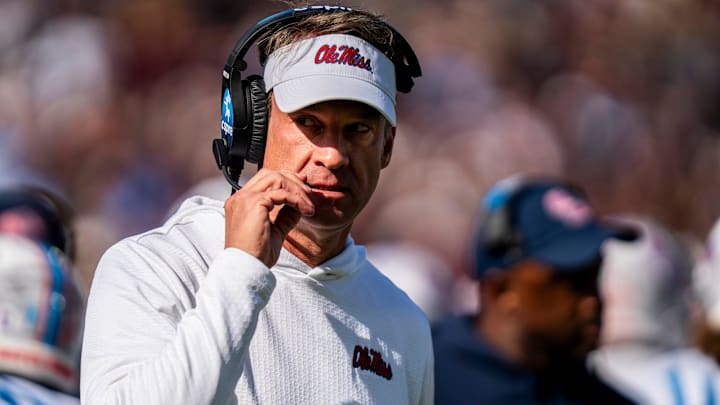 Ole Miss head coach Lane Kiffin walks off the field during a college football game between Mississippi State and Ole Miss at Davis Wade Stadium in Starkville, Miss., on Friday, Nov. 28, 2025. The Egg Bowl game marks the 122nd meeting between the two teams.