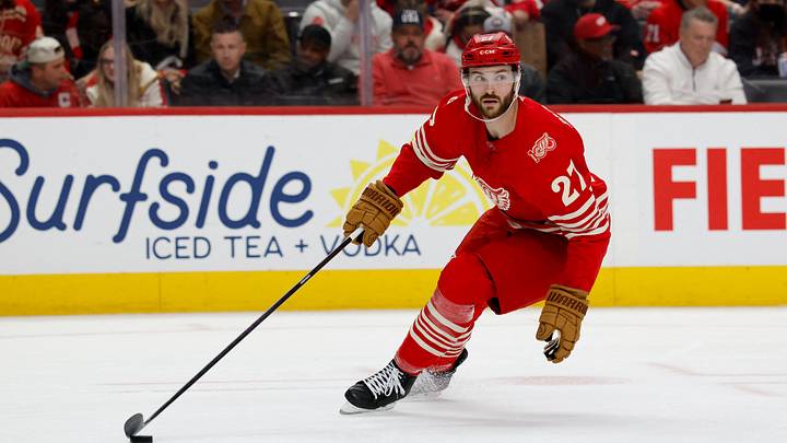 Mar 6, 2026; Detroit, Michigan, USA; Detroit Red Wings center Michael Rasmussen (27) skates with the puck in the first period against the Florida Panthers at Little Caesars Arena. Mandatory Credit: Rick Osentoski-Imagn Images Mar 6, 2026; Detroit, Michigan, USA; Detroit Red Wings center Michael Rasmussen (27) skates with the puck in the first period against the Florida Panthers at Little Caesars Arena. Mandatory Credit: Rick Osentoski-Imagn Images