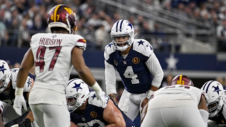 Nov 23, 2023; Arlington, Texas, USA; Dallas Cowboys quarterback Dak Prescott (4) in action during