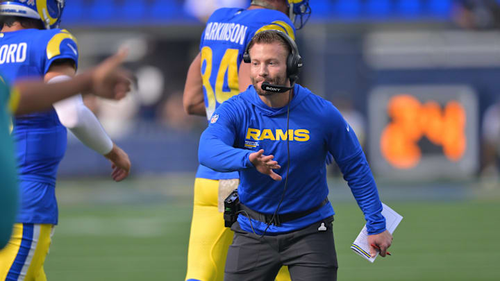 Nov 2, 2025; Inglewood, California, USA; Los Angeles Rams head coach Sean McVay reacts after a touchdown by his team against the New Orleans Saints during the first half at SoFi Stadium. Mandatory Credit: Jayne Kamin-Oncea-Imagn Images