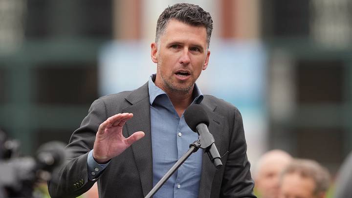 San Francisco Giants general manager Buster Posey speaks during a ceremony before the game. Credit: Darren Yamashita-Imagn Images San Francisco Giants general manager Buster Posey speaks during a ceremony before the game. Credit: Darren Yamashita-Imagn Images