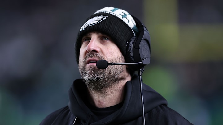 Jan 12, 2025; Philadelphia, Pennsylvania, USA; Philadelphia Eagles head coach Nick Sirianni reacts during the game against the Green Bay Packers in an NFC wild card game at Lincoln Financial Field. Mandatory Credit: Bill Streicher-Imagn Images