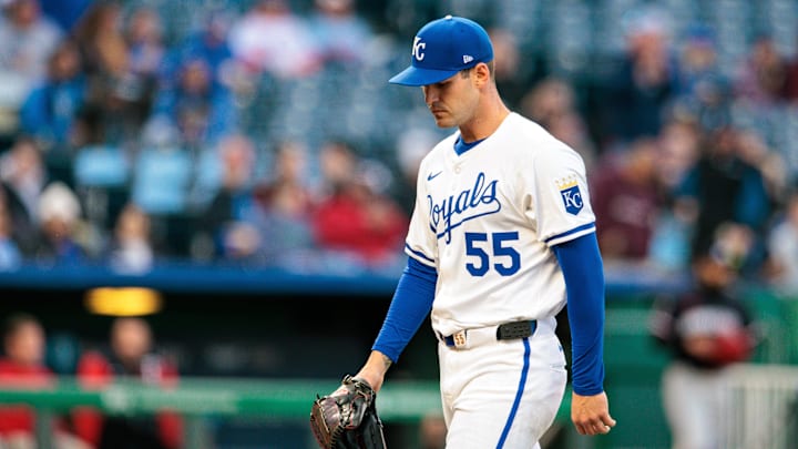Apr 8, 2025; Kansas City, Missouri, USA; Kansas City Royals pitcher Cole Ragans (55) leaves the field after the second inning against the Minnesota Twins at Kauffman Stadium. Mandatory Credit: William Purnell-Imagn Images