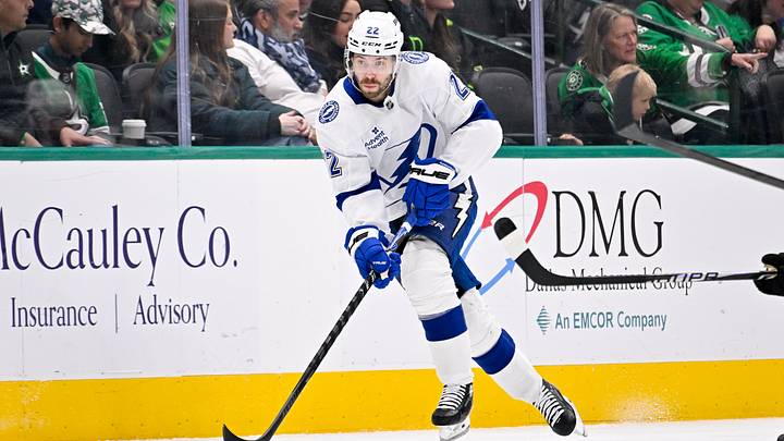Jan 18, 2026; Dallas, Texas, USA; Tampa Bay Lightning right wing Oliver Bjorkstrand (22) skates against the Dallas Stars during the game at the American Airlines Center. Mandatory Credit: Jerome Miron-Imagn Images