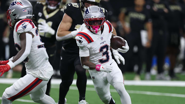 Oct 12, 2025; New Orleans, Louisiana, USA; New England Patriots wide receiver Demario Douglas (3) runs for a gain during the first quarter against the New Orleans Saints at Caesars Superdome. Mandatory Credit: Stephen Lew-Imagn Images