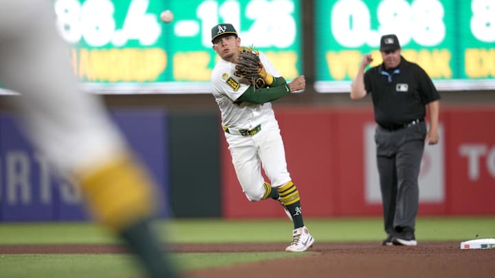 Jun 18, 2025; West Sacramento, California, USA; Athletics second baseman Luis Urias (17) turns a double play against the Houston Astros in the seventh inning at Sutter Health Park. Mandatory Credit: Cary Edmondson-Imagn Images