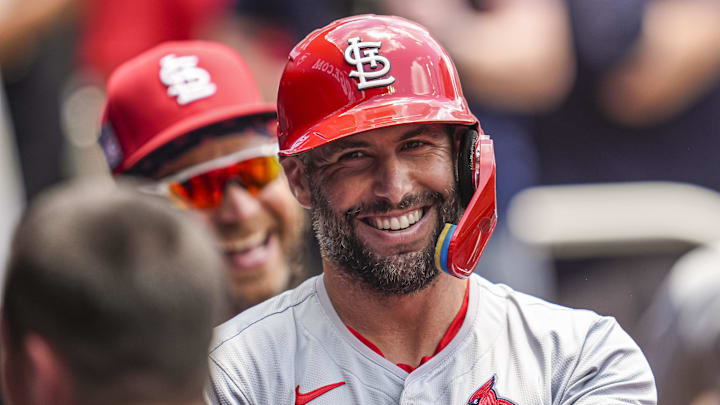 Jul 21, 2024; Cumberland, Georgia, USA; St. Louis Cardinals first baseman Paul Goldschmidt (46) reacts after hitting a home run against the Atlanta Braves during the second inning at Truist Park. Mandatory Credit: Dale Zanine-Imagn Images
