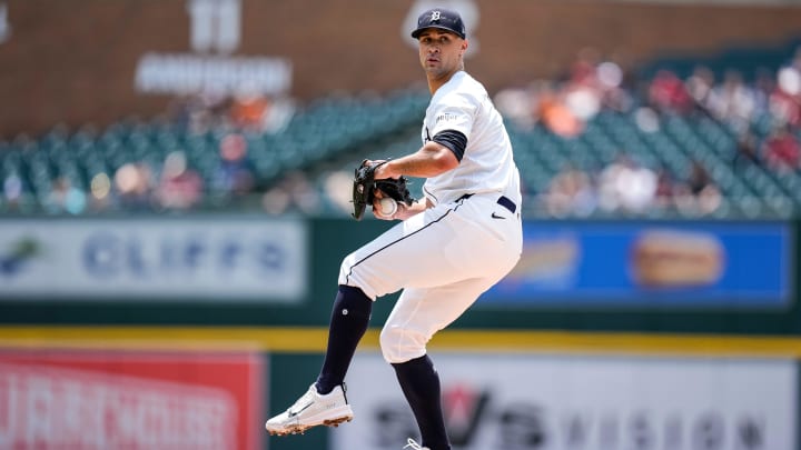 Detroit Tigers pitcher Jack Flaherty (9) delivers a pitch against Cleveland Guardians during the first inning at Comerica Park in Detroit on Thursday, July 11, 2024. Detroit Tigers pitcher Jack Flaherty (9) delivers a pitch against Cleveland Guardians during the first inning at Comerica Park in Detroit on Thursday, July 11, 2024.