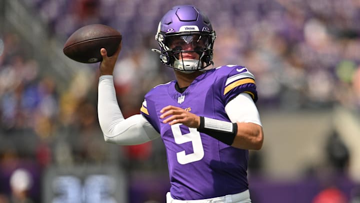 Aug 10, 2024; Minneapolis, Minnesota, USA; Minnesota Vikings quarterback J.J. McCarthy (9) warms up before the game against the Las Vegas Raiders at U.S. Bank Stadium.