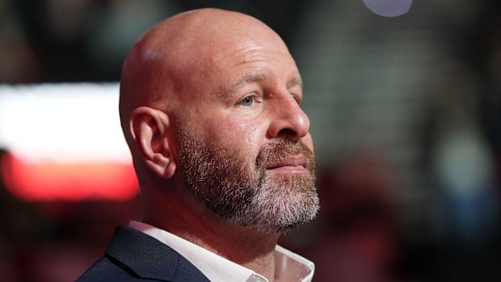 Dec 6, 2024; Portland, Oregon, USA: Portland Trail Blazers general manager Joe Cronin looks on before the game against the Utah Jazz at Moda Center. Mandatory Credit: Soobum Im-Imagn Images