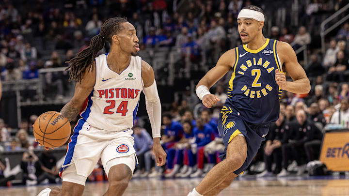 Nov 17, 2025; Detroit, Michigan, USA; Detroit Pistons guard Daniss Jenkins (24) moves the ball up court next to Indiana Pacers guard Andrew Nembhard (2) during the first quarter at Little Caesars Arena. Mandatory Credit: David Reginek-Imagn Images Nov 17, 2025; Detroit, Michigan, USA; Detroit Pistons guard Daniss Jenkins (24) moves the ball up court next to Indiana Pacers guard Andrew Nembhard (2) during the first quarter at Little Caesars Arena. Mandatory Credit: David Reginek-Imagn Images