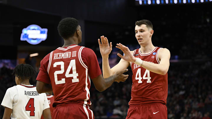 Mar 27, 2025; San Francisco, CA, USA; Arkansas Razorbacks forward Billy Richmond III (24) high-fives forward Zvonimir Ivisic (44) during the first half against the Texas Tech Red Raiders during a West Regional semifinal of the 2025 NCAA tournament at Chase Center. Mandatory Credit: Eakin Howard-Imagn Images