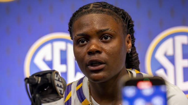 Oct 15, 2025; Birmingham, AL, USA; LSU Tigers guard MiLaysia Fulwiley talks with the media during SEC Media Days at Grand Bohemian Hotel. Mandatory Credit: Vasha Hunt-Imagn Images