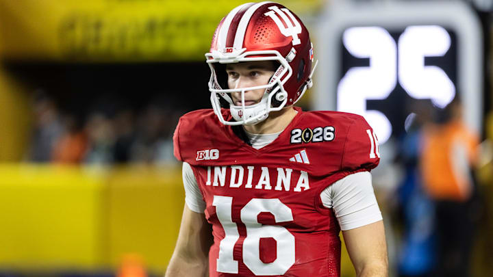 Jan 19, 2026; Miami Gardens, FL, USA; Indiana Hoosiers quarterback Alberto Mendoza (16) against the Miami Hurricanes in the College Football Playoff National Championship game at Hard Rock Stadium. Mandatory Credit: Mark J. Rebilas-Imagn Images