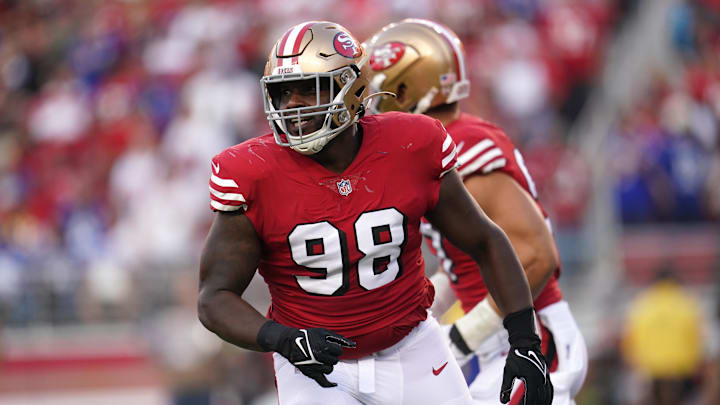 Sep 21, 2023; Santa Clara, California, USA; San Francisco 49ers defensive tackle Javon Hargrave (98) reacts after recording a sack against the New York Giants in the second quarter at Levi's Stadium. Mandatory Credit: Cary Edmondson-Imagn Images Sep 21, 2023; Santa Clara, California, USA; San Francisco 49ers defensive tackle Javon Hargrave (98) reacts after recording a sack against the New York Giants in the second quarter at Levi's Stadium. Mandatory Credit: Cary Edmondson-Imagn Images