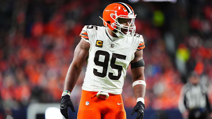 Dec 2, 2024; Denver, Colorado, USA; Cleveland Browns defensive end Myles Garrett (95) during the third quarter against the Denver Broncos at Empower Field at Mile High. Mandatory Credit: Ron Chenoy-Imagn Images