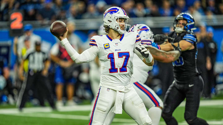 Buffalo Bills quarterback Josh Allen (17) throws the ball during the second half at Ford Field in Detroit on Sunday, Dec. 15, 2024. Allen threw for 362 yards and two touchdowns in the Bills 48-42.
