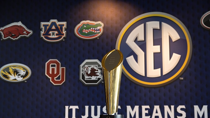Jul 16, 2024; Dallas, TX, USA; The National Championship trophy at Omni Dallas Hotel. Mandatory Credit: Brett Patzke-Imagn Images