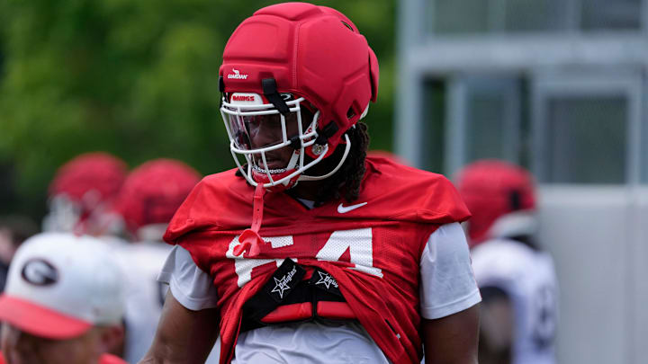 Georgia offensive lineman Jahzare Jackson (64) at the first day of fall practice in Athens, Georgia, on Thursday, July 31, 2025.