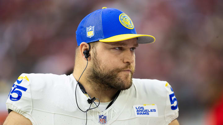 Nov 26, 2023; Glendale, Arizona, USA; Los Angeles Rams center Brian Allen (55) against the Arizona Cardinals at State Farm Stadium. Mandatory Credit: Mark J. Rebilas-Imagn Images Nov 26, 2023; Glendale, Arizona, USA; Los Angeles Rams center Brian Allen (55) against the Arizona Cardinals at State Farm Stadium. Mandatory Credit: Mark J. Rebilas-Imagn Images