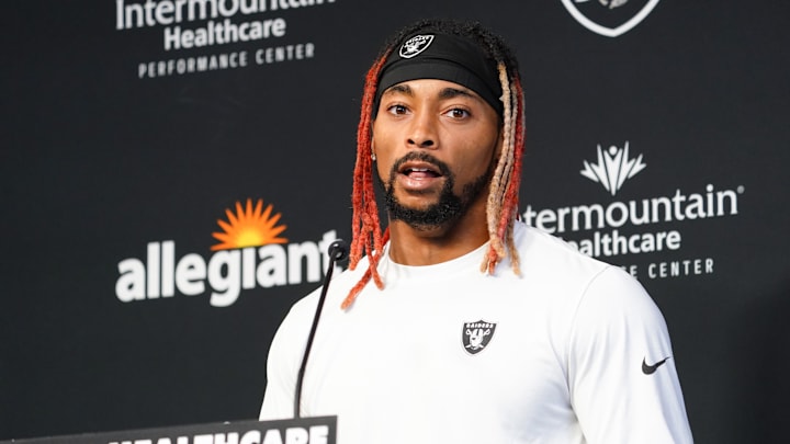 Jul 28, 2022; Las Vegas, Nevada, US; Las Vegas Raiders cornerback Anthony Averett (29) answers questions to the media during training camp at Intermountain Healthcare Performance Center. 