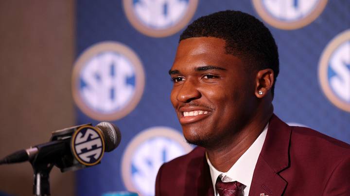 Jul 22, 2026; Tampa, FL, USA; Texas A&M Aggies quarterback Marcel Reed (10) speaks to the press during SEC Football Kickoff Media Day at the Tampa Marriott. Mandatory Credit: Nathan Ray Seebeck-Imagn Images