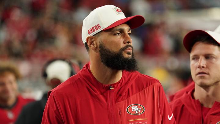 Aug 13, 2026; Santa Clara, California, USA;  San Francisco 49ers wide receiver Mike Evans (5) watches from the sideline during a game against the Tennessee Titans in the fourth quarter at Levi's Stadium. Mandatory Credit: David Gonzales-Imagn Images