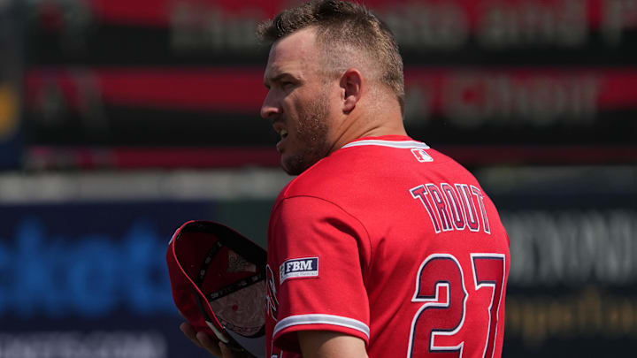 Mar 10, 2026; Tempe, Arizona, USA; Los Angeles Angels right fielder Mike Trout (27) prepares to play the San Diego Padres at Tempe Diablo Stadium. Mandatory Credit: Rick Scuteri-Imagn Images Mar 10, 2026; Tempe, Arizona, USA; Los Angeles Angels right fielder Mike Trout (27) prepares to play the San Diego Padres at Tempe Diablo Stadium. Mandatory Credit: Rick Scuteri-Imagn Images