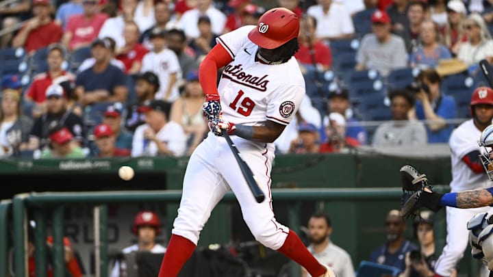 Aug 1, 2022; Washington, District of Columbia, USA; Washington Nationals first baseman Josh Bell (19) hits a double against the New York Mets during the first inning at Nationals Park. Aug 1, 2022; Washington, District of Columbia, USA; Washington Nationals first baseman Josh Bell (19) hits a double against the New York Mets during the first inning at Nationals Park.