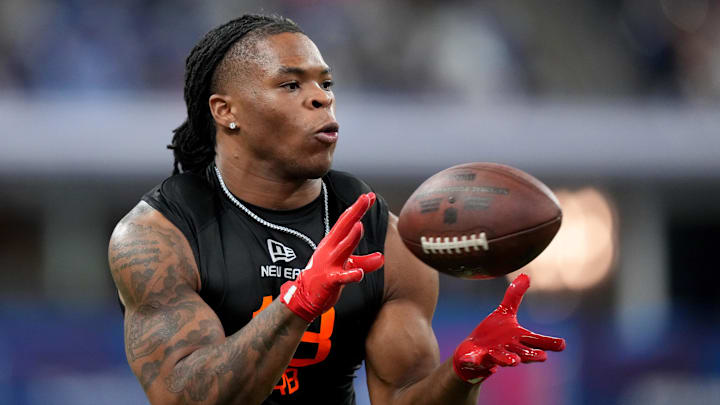 Mar 1, 2025; Indianapolis, IN, USA; Ohio State running back Quinshon Judkins (RB18) during the 2025 NFL Combine at Lucas Oil Stadium. Mandatory Credit: Kirby Lee-Imagn Images