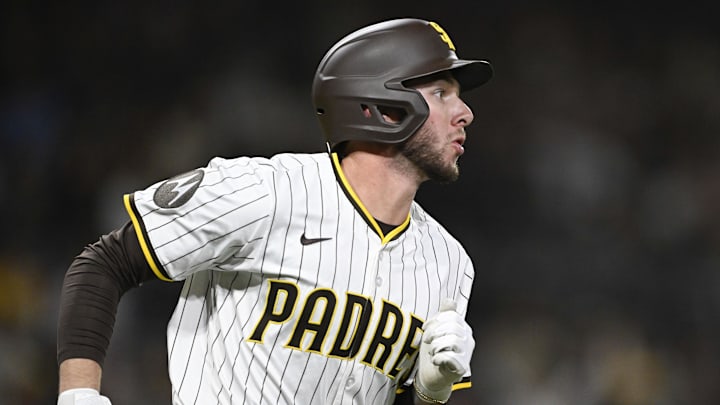 Apr 1, 2025; San Diego, California, USA; San Diego Padres center fielder Jackson Merrill (3) rounds the bases after hitting a solo home run during the fourth inning against the Cleveland Guardians at Petco Park. Mandatory Credit: Denis Poroy-Imagn Images