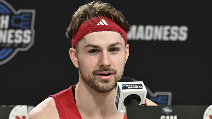 Sam Hoiberg speaks during a practice session press conference ahead of the south regional of the men's 2026 NCAA Tournament.