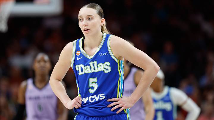Aug 7, 2026; Dallas, Texas, USA; Dallas Wings guard Paige Bueckers (5) reacts after a play against the Golden State Valkyries during the second half at American Airlines Center. Mandatory Credit: Chris Jones-Imagn Images Aug 7, 2026; Dallas, Texas, USA; Dallas Wings guard Paige Bueckers (5) reacts after a play against the Golden State Valkyries during the second half at American Airlines Center. Mandatory Credit: Chris Jones-Imagn Images