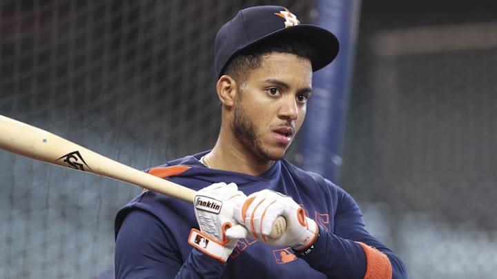 Mar 29, 2025; Houston, Texas, USA; Houston Astros shortstop Jeremy Pena (3) during batting practice before the game against the New York Mets at Daikin Park