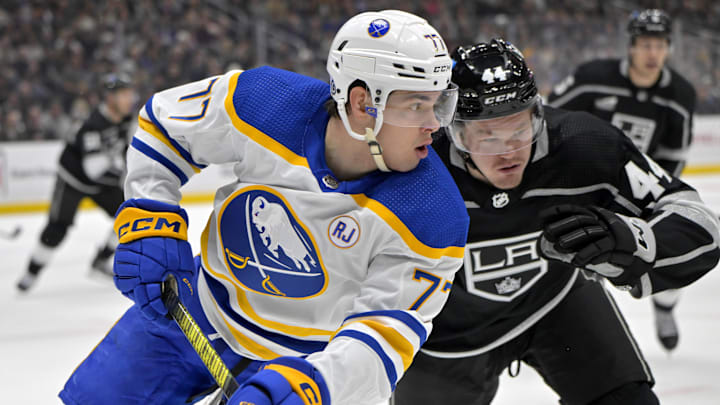 Jan 24, 2024; Los Angeles, California, USA; Buffalo Sabres right wing JJ Peterka (77) and Los