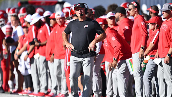 Sep 14, 2024; Logan, Utah, USA;  Utah Utes head coach Kyle Whittingham watches his team play against the Utah State Aggies in the second half at Merlin Olsen Field at Maverik Stadium. 